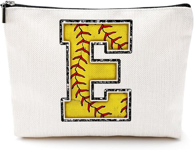 CQM Softball Gifts Initial Makeup Bag Monogrammed Cosmetic Bag Letter E Zipper Pouch Softball Accessories for Girls Women Player Coaches Niece Graduation Birthday Gifts