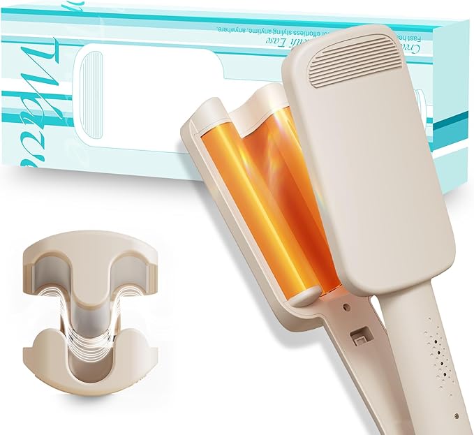 Waver Curling Iron Hair Crimper 1.25 Inch Crimper Hairs Tool with Ceramic 3 Barrel Ionic Deep Hair Waver for Women Hairs Curler for Long & Short, Easy to Use, Dual Voltage, Anti-Scald (White)