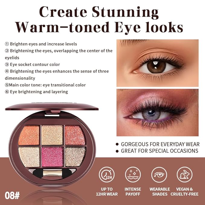 Shimmer Glitter Metallic Mini Eyeshadow Palette – 6-Color Warm Coral Peach Pink Eye Shadow, High Pigment Long-Lasting Waterproof Nude & Glam Eye Makeup Palette for Soft Glam, Daily Wear & Party Looks