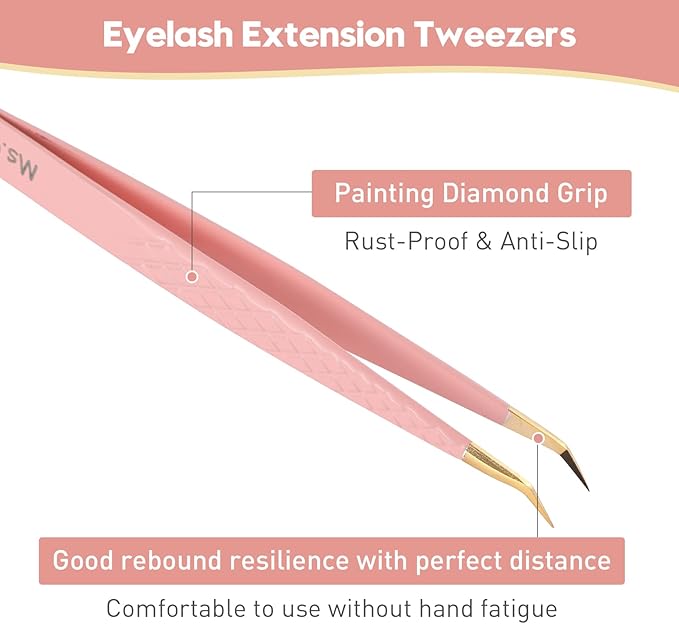 Ms.Queen Lash Tweezers Set,Professional 4Pcs 45 90 Degree Curved and Isolation Lash Tweezers for Eyelash Extensions