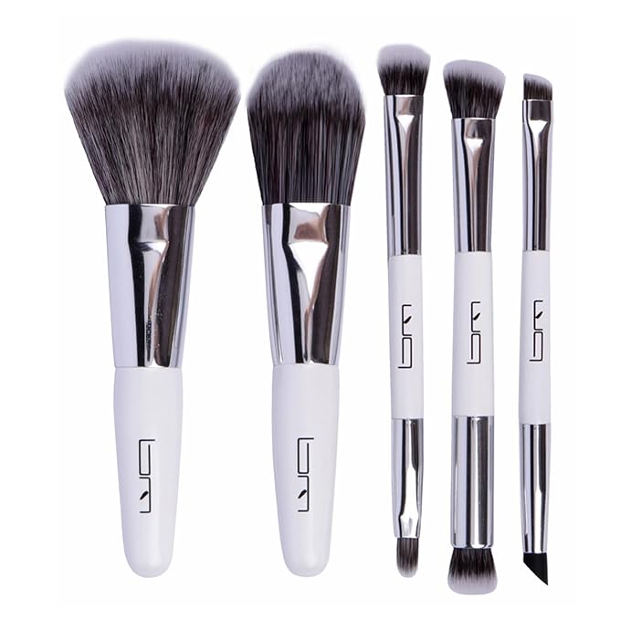 Brush Master Travel Makeup Brushes Set w/Pouch, 5PCS Double Ended Portable Mini Cosmetic Brushes Kit for Foundation, Eyeshadow, Lip, Blush Make Up Brushes Professional(White)