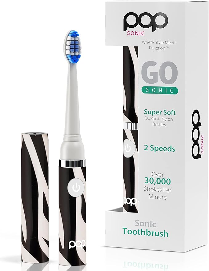 Pop Sonic Electric Toothbrush (Zebra) - Travel Toothbrushes w/AAA Battery | Kids Electric Toothbrushes with 2 Speed & 15,000-30,000 Strokes/Minute, Dupont Nylon Bristles