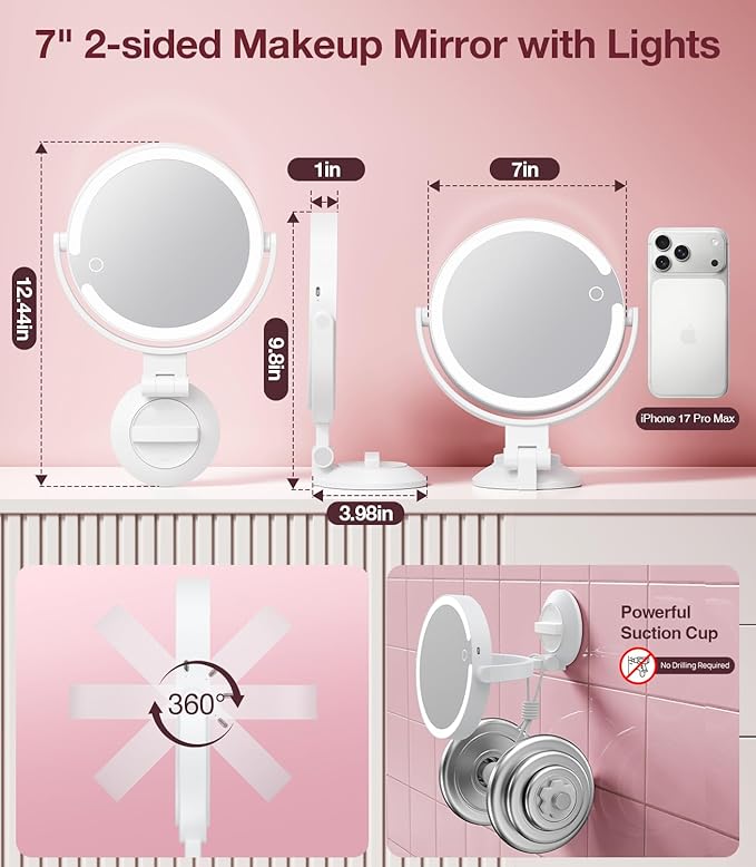 Benbilry Suction Cup Magnifying Mirror with Light 10X, Wall Mounted Makeup Mirror with Suction Cup for Bathroom, 3 Color Lights and Adjustable Brightness, 2 in 1 Tabletop for Desk - White