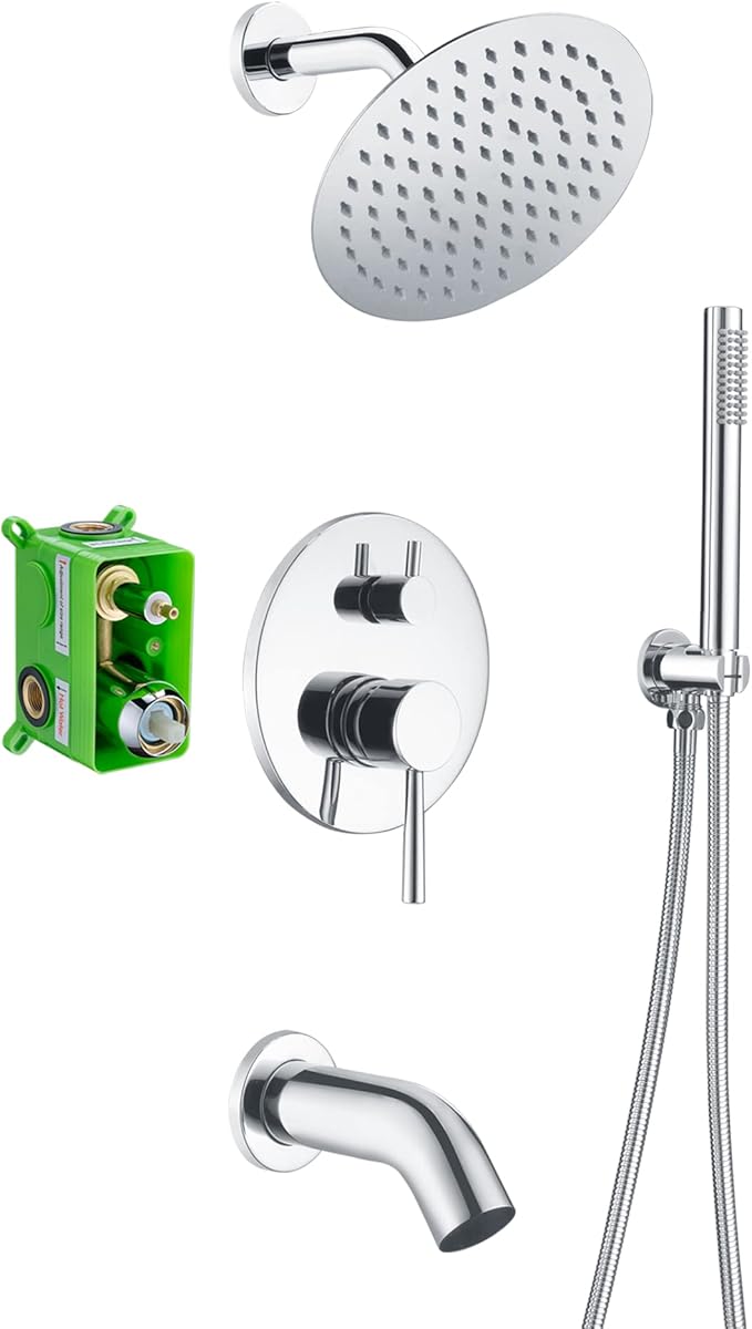 sumerain Rain Shower System with Tub Spout, Tub Shower Faucet Set with 8 inches Shower Head and Hand Shower, Valve Included Chrome
