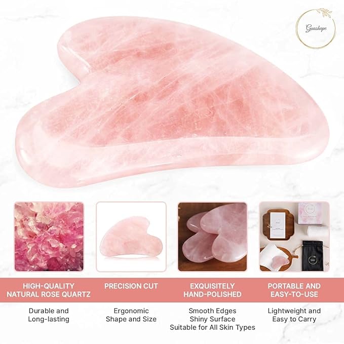 Natrual Rose Quartz Gua Sha Facial Tools | Guasha Tool for Face Sculpting, Shaping, Reduce Puffiness, Tension Relief | Massage Stone for Eyes, Face and Body