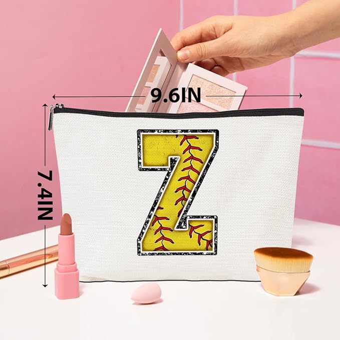 CQM Softball Gifts Initial Makeup Bag Monogrammed Cosmetic Bag Letter Z Zipper Pouch Softball Accessories for Girls Women Player Coaches Friend Graduation Birthday Gifts