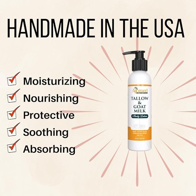 Tallow & Goat Milk Body Lotion, dry, Sensitive Skin, moisturizier Lotion - tallow for skin cream, Soothes Dry skin, Goat Milk face and body Moisturizer - Handmade lotion (12oz SANDALWOOD VANILLA)