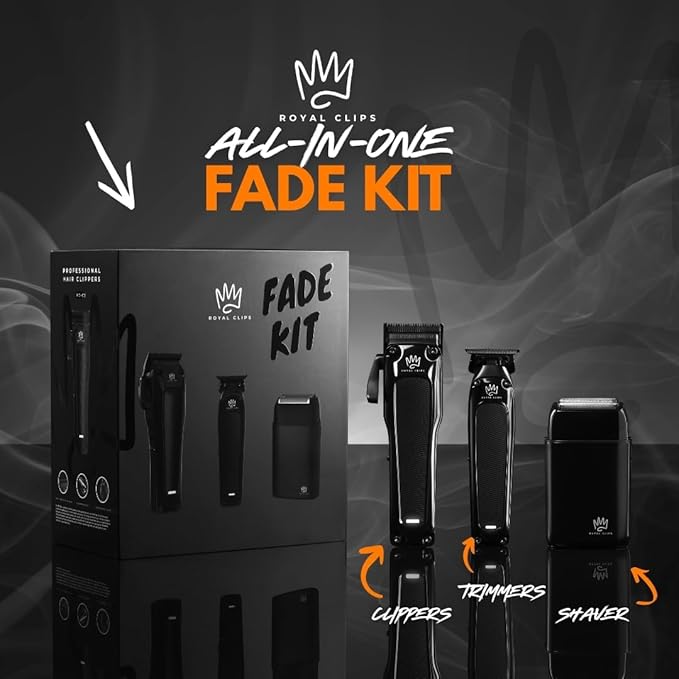 Royal Clips Hair and Beard Fade Kit 2.0 – Professional Clipper, Trimmer & Foil Shaver Bundle for Men, Complete Haircut Set for Barbers – Ideal Holiday Gift for Men, Fathers, Brothers & Barbers - Black