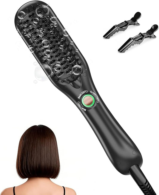 LANDOT Mini Hair Straightener Brush - Ionic Heated Straightening Brush for Frizz-Free & Smooth Styling, Compact Lightweight Dual Voltage Travel Flat Iron Comb for Medium Short Hair, Black