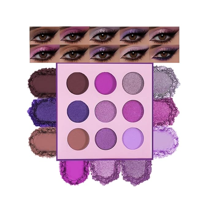 9-Color Purple Eyeshadow Palette–High Pigment Matte Shimmer Glitter Eyeshadow Palette in Magenta, Lavender, Lilac, Violet & Taupe,Long-Lasting Waterproof, Blendable for Creative & Everyday Looks