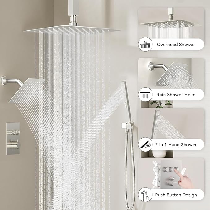 Shower Faucets Sets Brushed Nickel Shower System,12" Ceiling Rainfall Shower and 6" Wall Mount with 2 in 1 Handhled, Can Use All at Once, Thermostatic Shower Set with Valve and Trim Kit