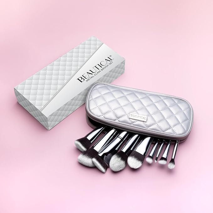 BEAUTICAL Professional Makeup Brush Set – 9 Piece Vegan Brushes with Carry Pouch | Soft Dense Bristles for Liquid, Cream & Powder | Lightweight Aluminum Handles Makeup Brushes For Daily Makeup Routine