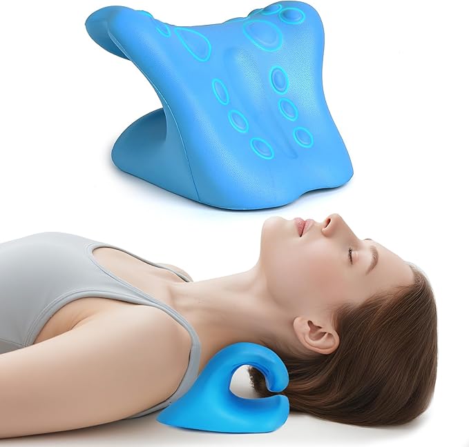 Neck Stretcher Cervical Traction Device, Neck Hump Corrector for TMJ Pain and Shoulder Pain Relief, Neck and Shoulder Relaxer, Ergonomic Pain Pillow for Spine (Blue)