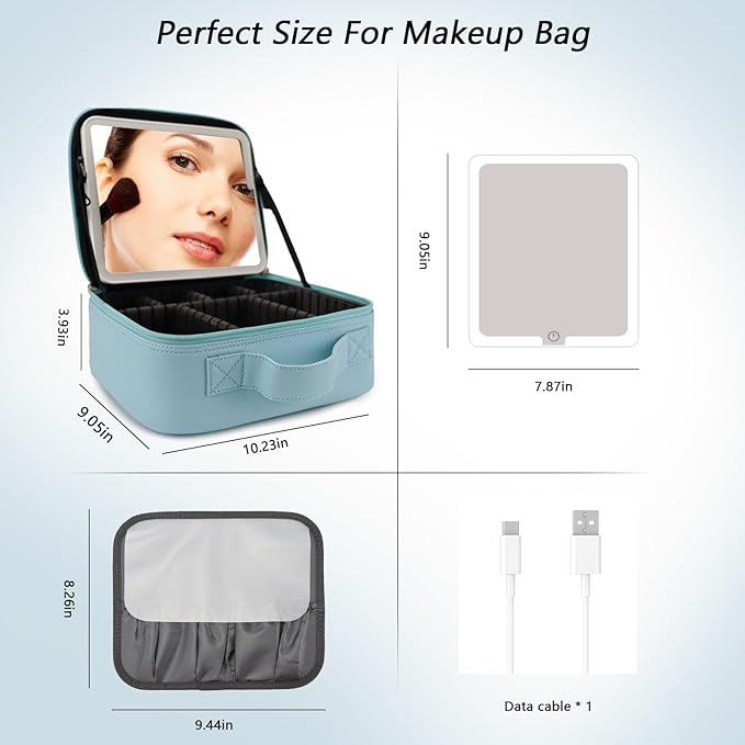 SLUMAZI Travel Makeup Bag with LED Mirror Travel Makeup Organizer with 3 Lighted Settings, Adjustable Dividers and Makeup Brush Storage Bag Light Blue