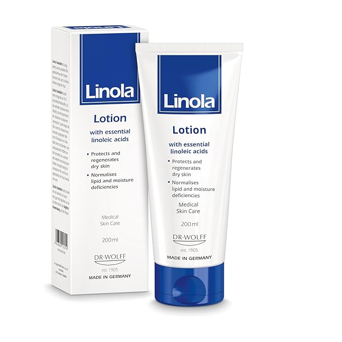 Linola Lotion - Body Lotion with Essential Linoleic Acids - for the Daily Care of Dry & Stressed Skin - Protects & Regenerates Dry Skin - Made in Germany - Vegan - 200 ml (6.8 Fl Oz)