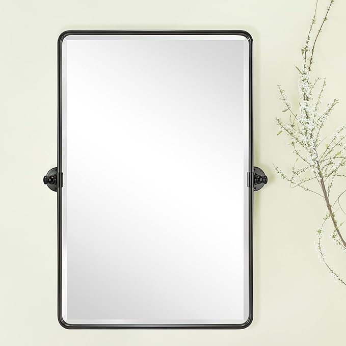 TEHOME Oil Rubbed Bronze Pivot Rectangle Mirrror Farmhouse Tiltable Rounded Metal Framed Pivoting Bathroom Mirror with Beveled Mirrror, Overall 26.91 x 35 inches (Mirrror 23 x 35 inches)