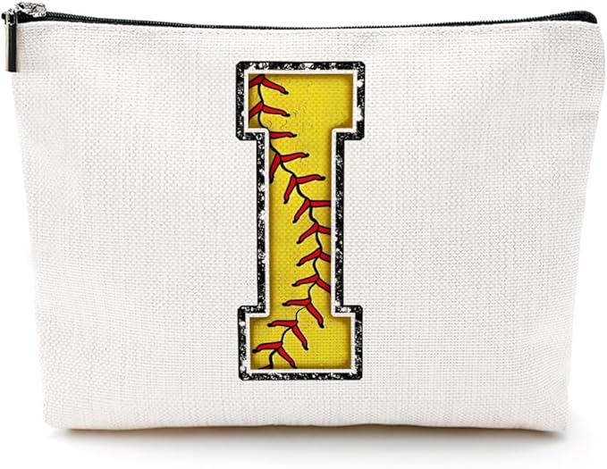 CQM Softball Gifts Initial Makeup Bag Monogrammed Cosmetic Bag Yellow Letter I Zipper Pouch Softball Accessories for Girls Women Player Coaches Friend Graduation Birthday Gifts