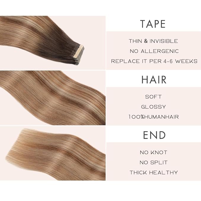 Human Hair Tape in Extensions, Chestnut Brown to Light Brown Mixed Light Blonde Hair Extensions Real Human Hair 20 Inch 20pcs Remy Straight Tape ins Invisible Tape in Hair (2/6/18K#,20 Inch)