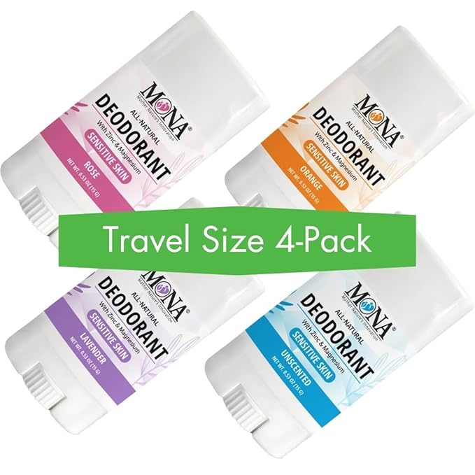 MONA Brands Natural Mini Deodorant for Women & Men, Travel Size 4-Pack, Aluminum & Baking Soda Free, Gentle for Sensitive Skin, Vegan Deodorant Sticks, 0.53 oz Each