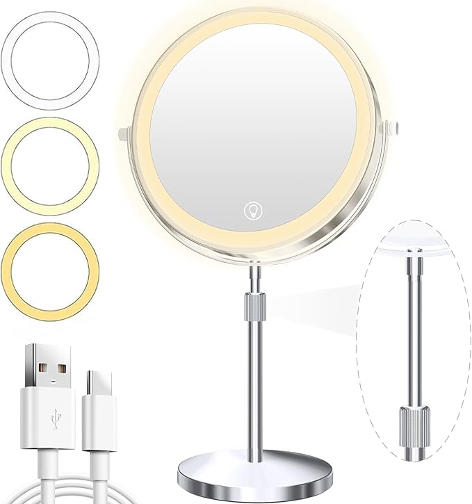 Unimiro 9inch Makeup Mirror with Lights, 1x/20x 5000mAh Makeup Mirrors with Light and Magnification, 360° Rotate Makeup Mirror with Lights and Magnification, 3 Color, 80 LEDs, Stepless Dimmable