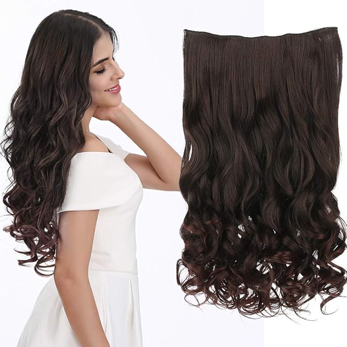 REECHO 14" 1-Pack 3/4 Full Head Wavy Clips in on Synthetic Hair Extensions HE008 Hairpieces for Women 5 Clips 3.6 Oz per Piece - Dark Brown