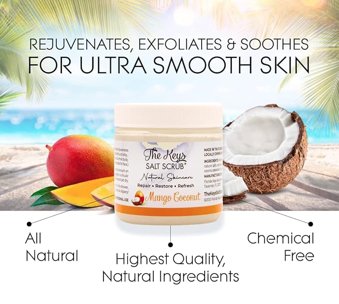The Keys Salt Scrub -Sea Salt Scrub - Exfoliating Body Scrub with Wooden Spoon - Moisturizing Exfoliator for Hands, Foot, Bath, (3.4 Ounce (Pack of 1), Mango Coconut)