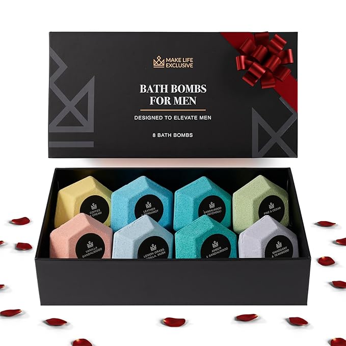 Bath Bombs for Men – 8 Large Diamond Shape Natural Mens Bath Bombs | Relaxing Bubble Bath Set & Bubble Bath Balls for Men | Masculine Scents & Skin Soothing Gift Set