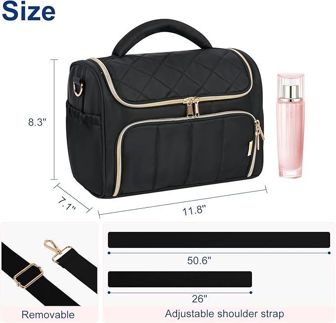 GR69N Travel Toiletry Bag Large Cosmetic Makeup Bag Organizer for Women,Wide-open Make Up Bag Waterproof Makeup Case Travel Bag with Handle and Dividers for Toiletries,Essentials,Accessories,Black