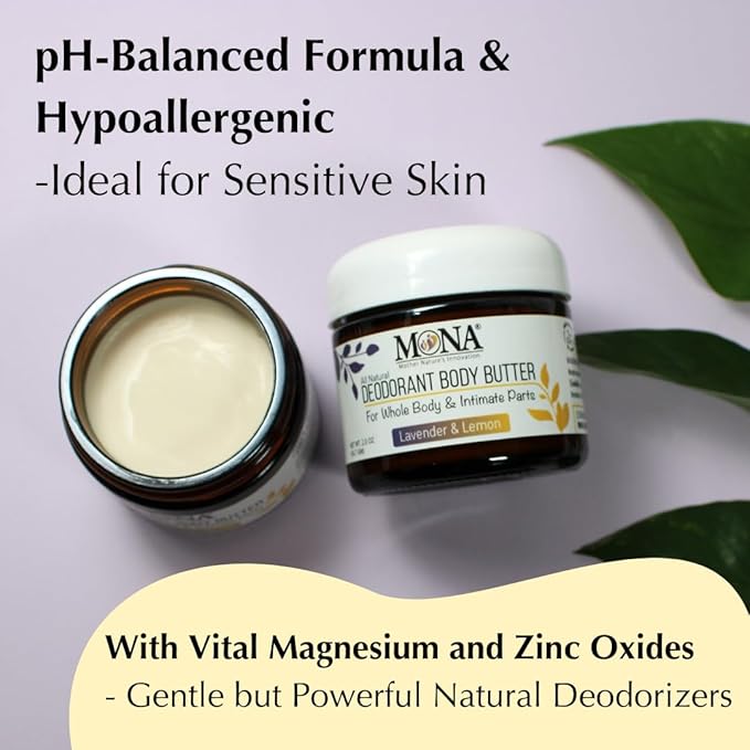 MONA BRANDS All Natural Deodorant Body Butter for Whole Body & Intimate Parts | Deodorant Cream for Women, Men, and Teens | Aluminum Free | Lavender & Lemon 2 oz