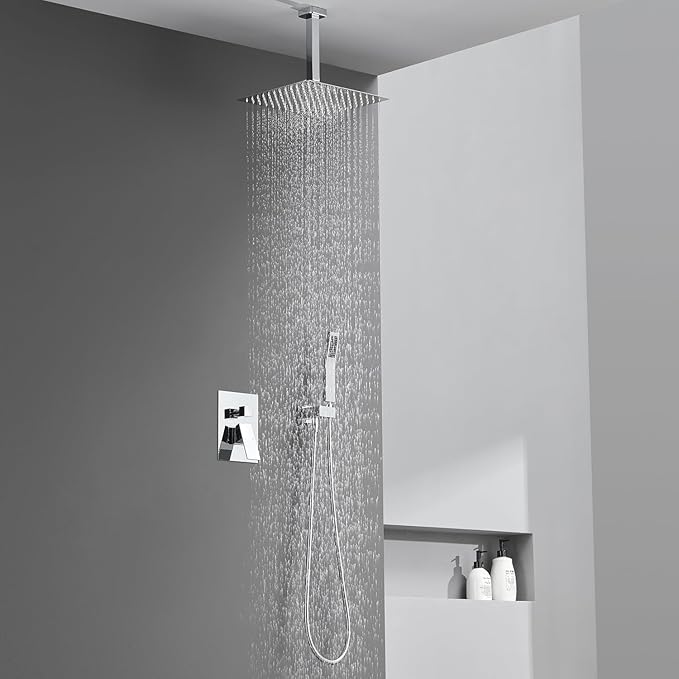 Artiqua Shower System 12 Inches Rain Shower Combo Set Chrome Ceiling Mount Shower Faucet Bathroom Faucets with Rainfall Shower Head and Hand Shower