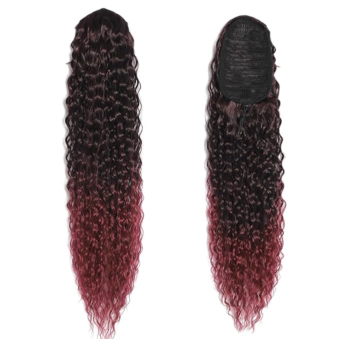 2 Pcs Deep Wave Ponytail Extension for Women 24 Inch Curly Wavy Ponytail Hair Extensions Drawstring Ponytail with Clips Long Synthetic Hairpiece for Daily and Party (11B/Bug&1B/Red)