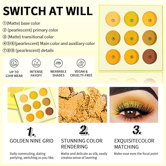 9-Color Yellow Gold Eyeshadow Palette–High Pigment Matte Shimmer Glitter Eyeshadow Palette in Warm Orange, Lemon & Brown Shades,Long-Lasting Waterproof, Blendable for Creative & Everyday Looks
