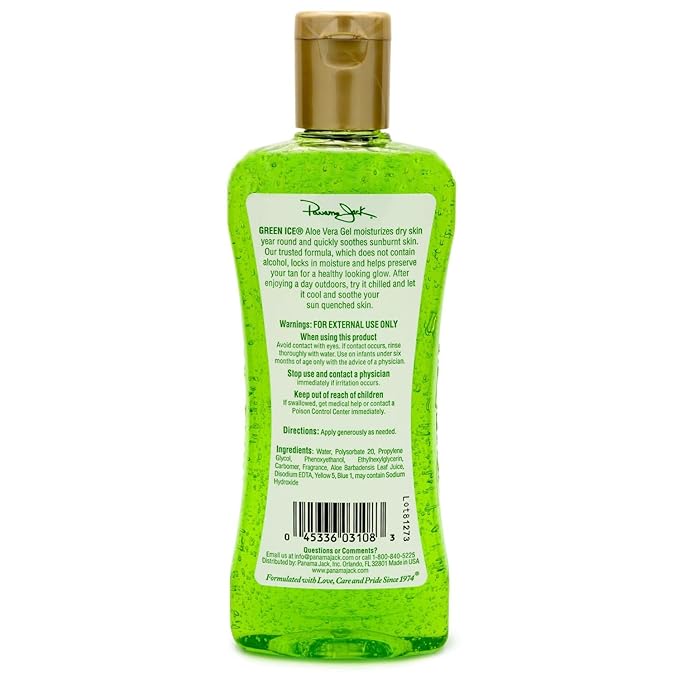 Panama Jack Green Ice Gel - Aloe Vera After Sun Formula Contains No Alcohol, Helps Preserve Tan, Relieves & Moisturizes Dry Skin & Sunburn, 8 FL OZ