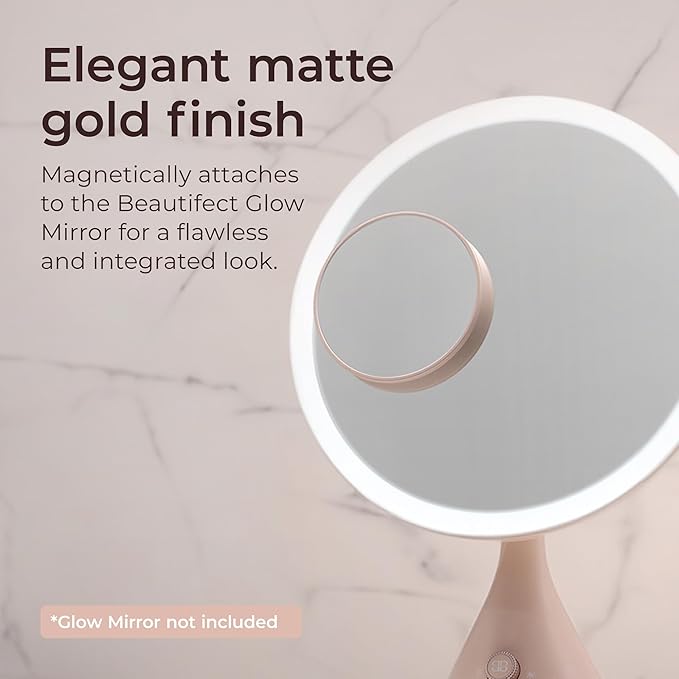 Beautifect 7X Magnifying Mirror - Compact Travel Mirror with Vegan Leather Sleeve - Matte Gold