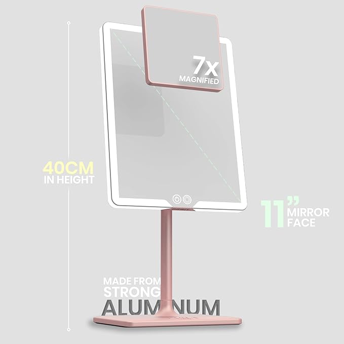 LUNA London Orbit LED Vanity Mirror with Lights, Dimmable & USB-C Rechargeable Tabletop Mirror, 7X 1X Magnification - Blush Rose Pink