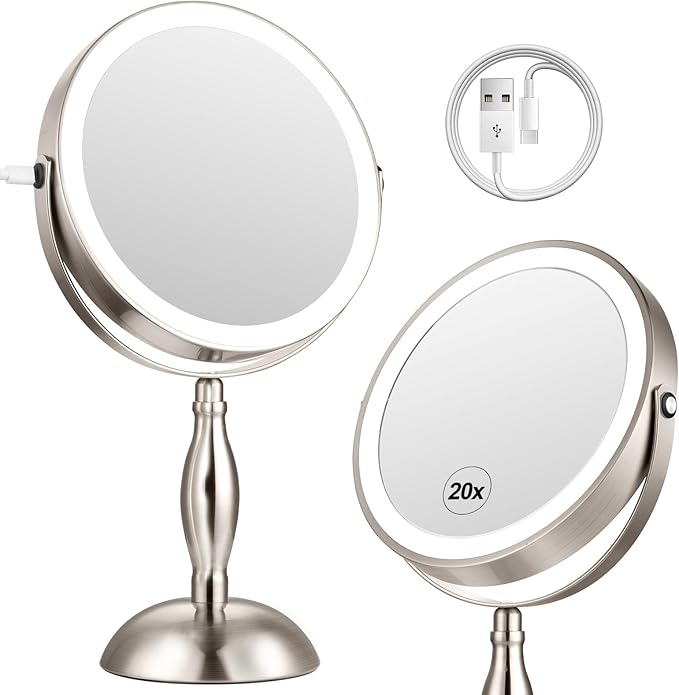 20x Magnifying Mirror with Light, 5000mAh Lighted Makeup Mirror with 3 Color Modes and Adjustable Brightness, Side Charging Port & SideTouch Sensor, 360° Rotation -Brushed Nickel