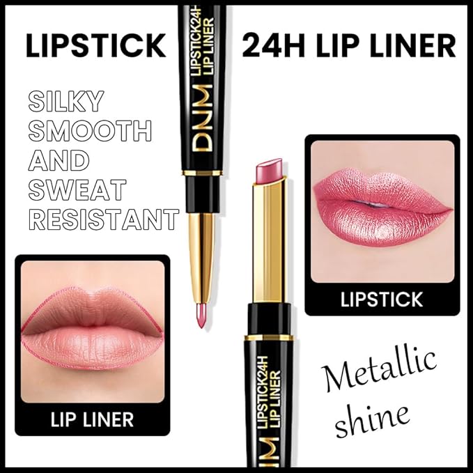 2-in-1 Pink Lip Liner & Lipstick Set Kit for Women, Metallic Lips Kit with Lip Liner Lip Stains Long Lasting Waterproof 24 Hour Lipstick and Lip Liners Combo Lipliners Pencil Set 20