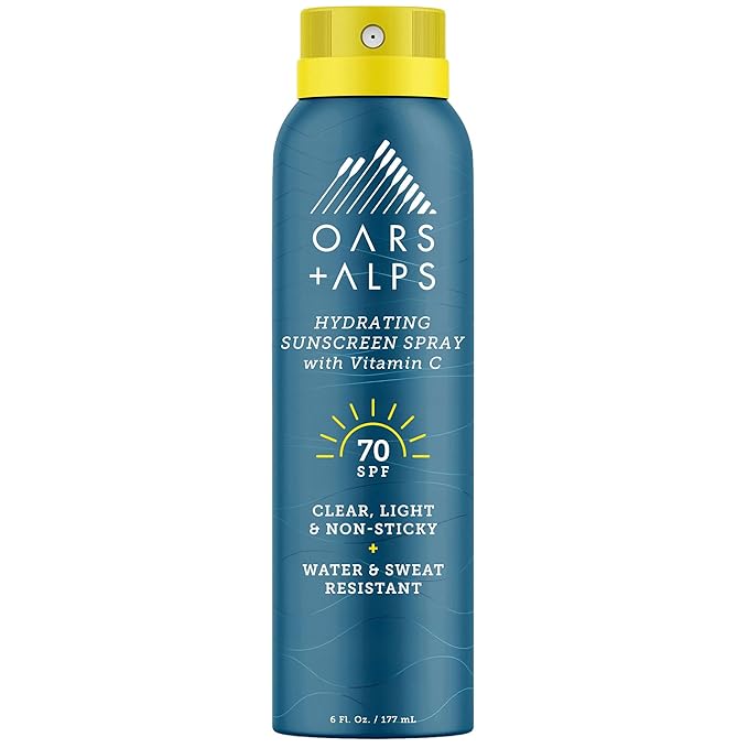 Oars + Alps Sunscreen Spray for Face & Body, SPF 70 Spray Sunscreen Infused with Vitamin C & Antioxidants, No White Residue, Water & Sweat Resistant, All Skin Types, Lightweight, Hydrating, 6oz, 1pk