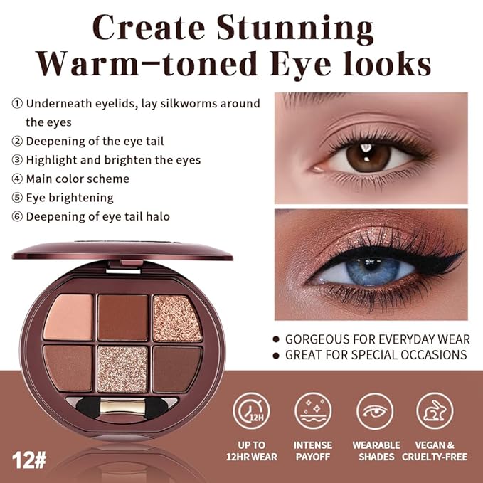 Matte Shimmer Glitter Mini Eyeshadow Palette – 6-Color Warm Caramel Rust Eye Shadow Kit, High Pigment Long-Lasting Waterproof Nude Brown Smokey Eyes Makeup Palette for Daily Wear & Soft Glam Looks