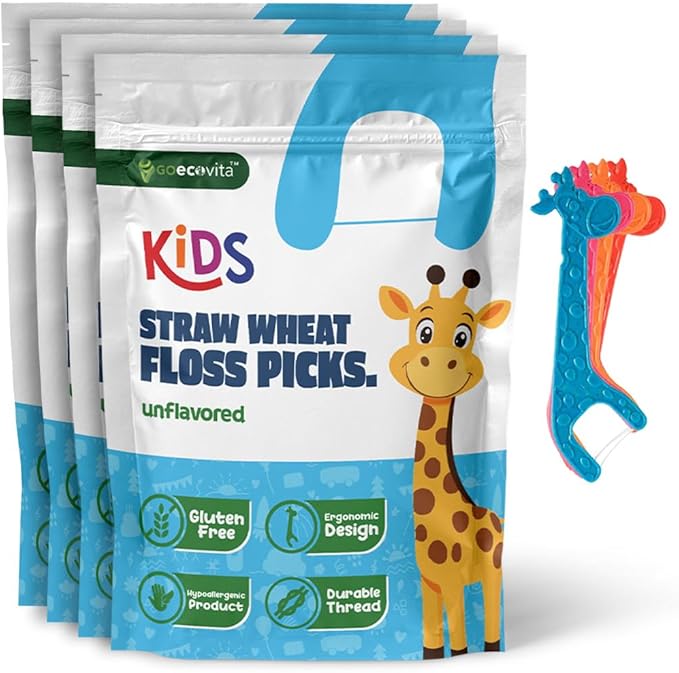 Kids Flossers - Straw Wheat Handle | Dental Floss Picks for Children | Fluoride-Free | Colorful & Fun Animal Floss Sticks (Unflavored, 200 Pack)
