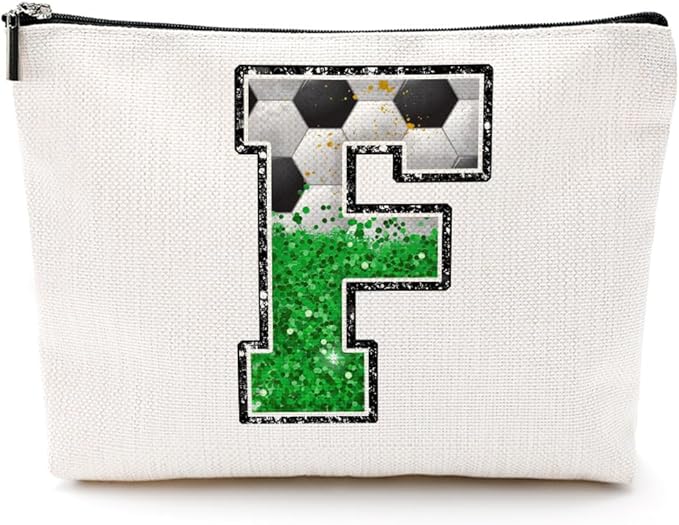 CQM Soccer Gifts Initial Makeup Bag Monogrammed Cosmetic Bag Letter F Zipper Pouch Soccer Accessories for Girls Women Player Coaches Friend Graduation Birthday Gifts