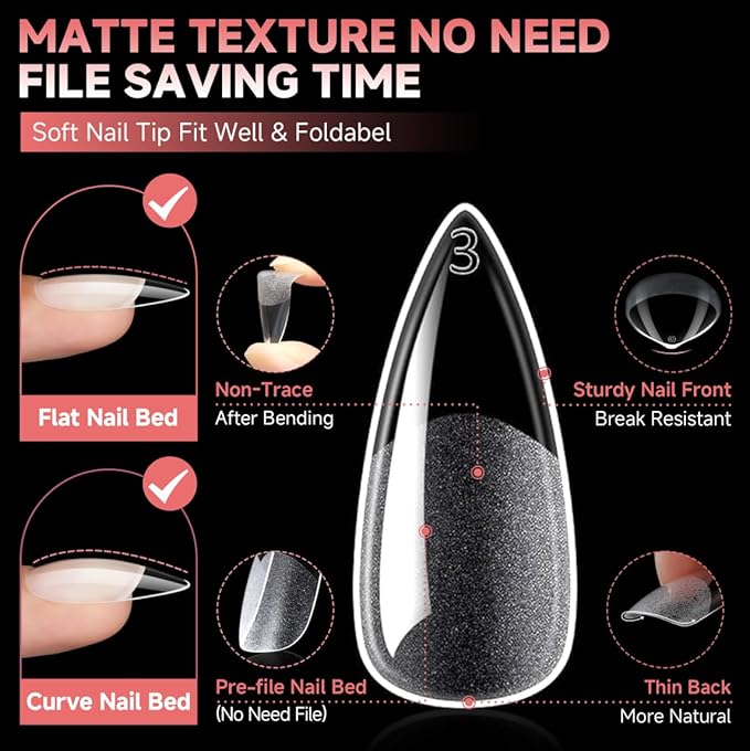 UNA GELLA Stiletto Gel Nail Tips: Full Cover 312Pcs No C Curve Halloween Stiletto Nail Tips Pre-buff Press On Nails Half Matte Almond Gel Tips for Nail Extension DIY Salon 12 Sizes