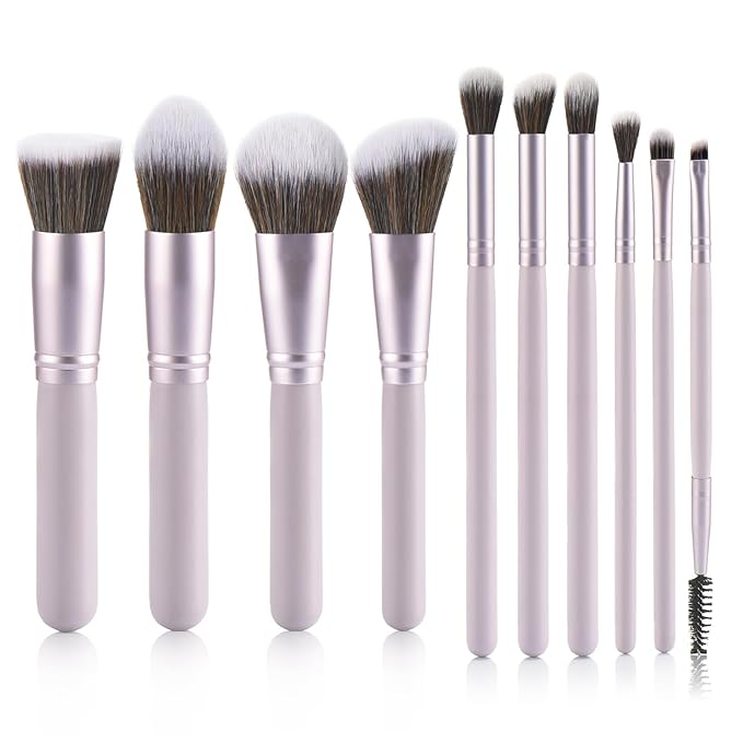 YJ-Anyue 10 Piece Purple Makeup Brushes - Wooden Handle with Soft Synthetic Bristles,for Face & Eye Makeup|Professional Makeup Brushes set for Women & Girls|