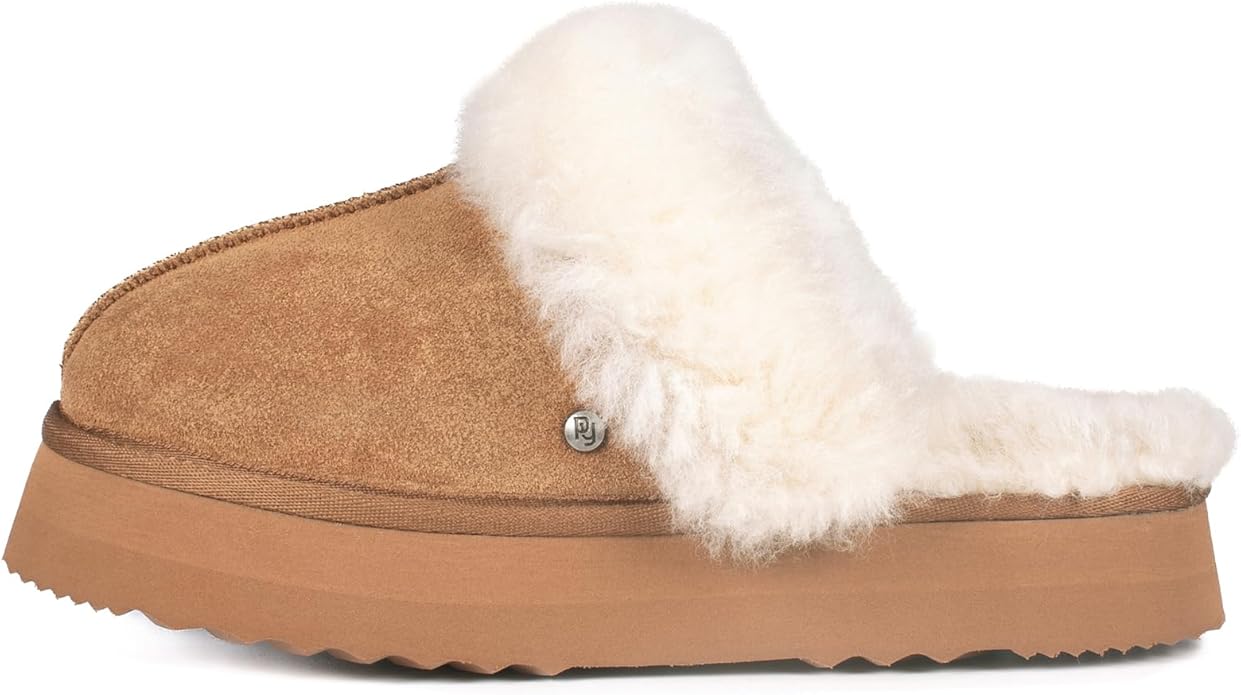 Parfeying Women's Shearling Slippers Genuine Leather with Rubber Sole, Sheepskin Fuzzy Indoor Outdoor Shoes for Home