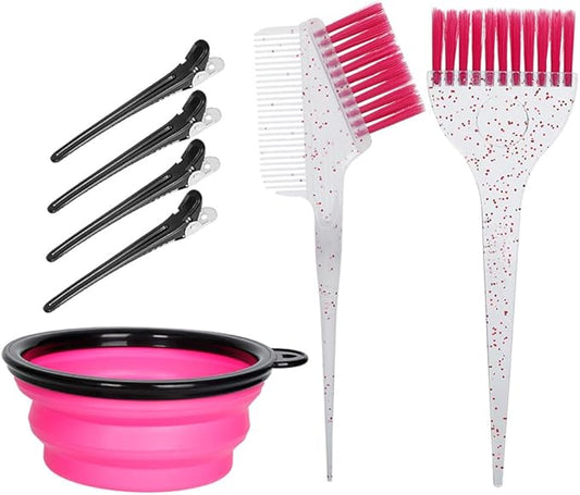 Hair Dye Color Brush and Bowl Set, Color Bowl Brushes Tool Mixing Bowl Kit Tint Comb for Hair Tint Dying Coloring Applicator (Pink&Clear)