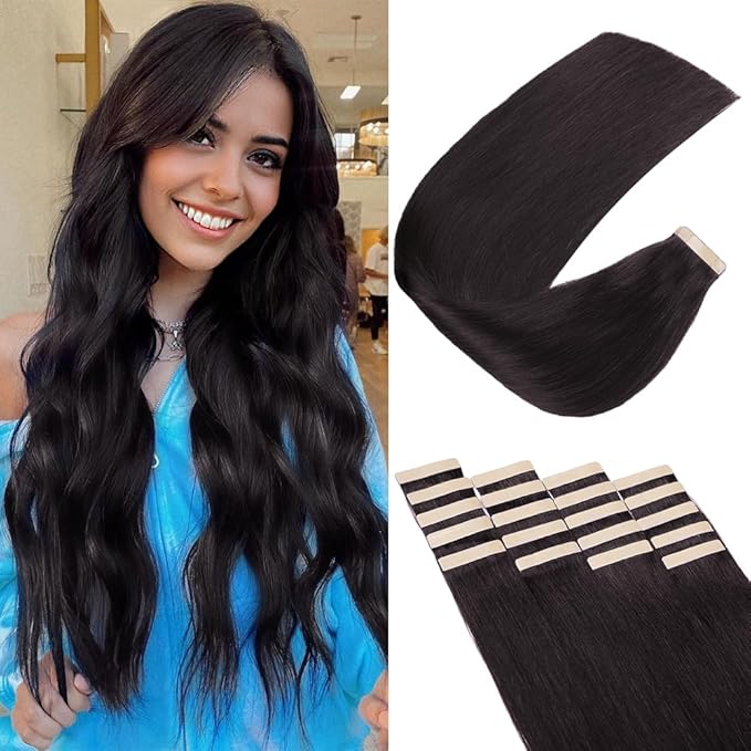 Human Hair Tape in Extensions, Natural Black Hair Extensions Real Human Hair 16 Inch 20pcs Remy Straight Tape ins Invisible Tape in Hair Extensions Human Hair (1B#,16 Inch)