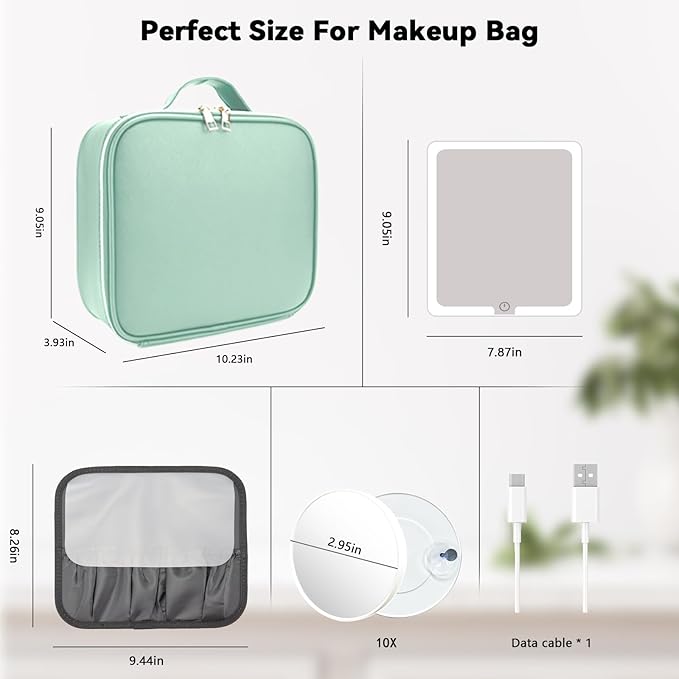 SLUMAZI Travel Makeup Bag with LED Mirror and 10x magnifying glass with 3 Lighted Settings, Adjustable Dividers and Makeup Brush Storage Bag Light Green