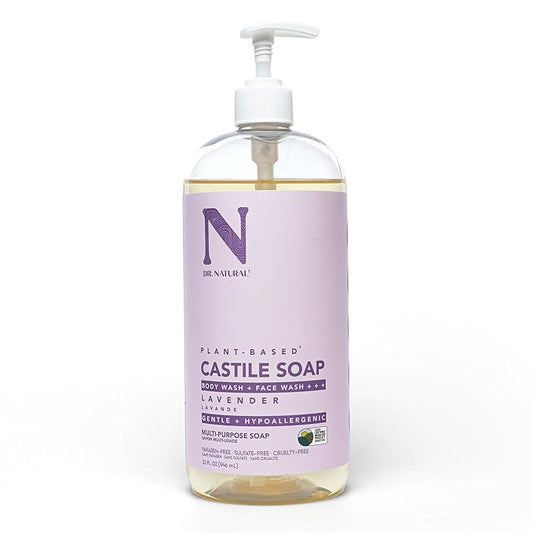 Dr. Natural Castile Liquid Soap - Multi-Use Body Wash, Shampoo and Face Wash - Hydrating Body Soap for Skin, Hair, Pets and Home - Lavender - 32 oz