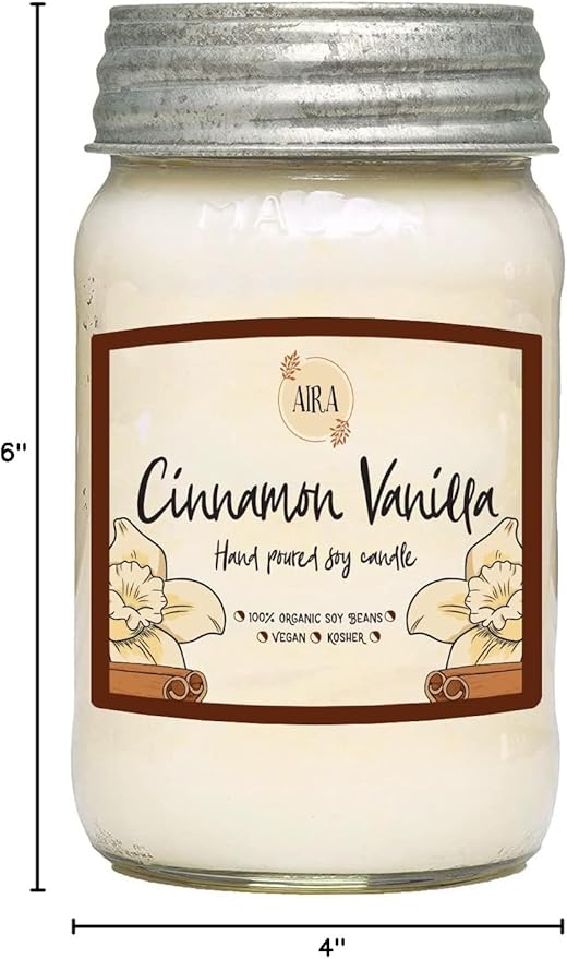 Aira Soy Candles - Organic, Kosher, Vegan, in Mason Jar w/Therapeutic Grade Essential Oil Blends - Hand-Poured 100% Soy Candle Wax - Paraffin Free, Burns 110+ Hours - Cinnamon Vanilla -16 Ounces