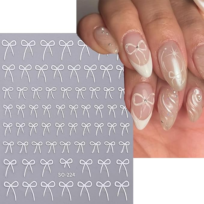 Cute Bow Nail Art Stickers 8 Sheets - Self-Adhesive Nail Decals Glossy Finish, Colors: Black, White, Red, Gold & Aurora, 3D Embossed Nail Stickers for Women DIY